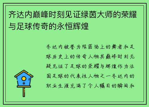 齐达内巅峰时刻见证绿茵大师的荣耀与足球传奇的永恒辉煌 齐达内巅峰时刻见证绿茵大师的荣耀与足球传奇的永恒辉煌