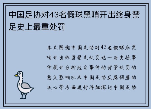中国足协对43名假球黑哨开出终身禁足史上最重处罚
